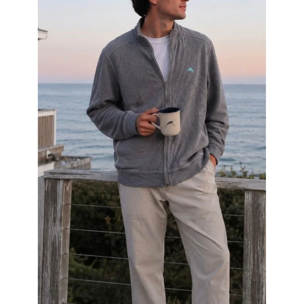 Tommy Bahama Gray Full Zip Jacket L Pima Cotton Contrast Stitching 2010s Casual